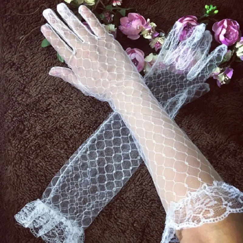 

Womens White Stretch Elbow Length Bridal Wedding Long Gloves Full Finger Plaid Mesh Ruffled Lace Trim Prom Party Mittens