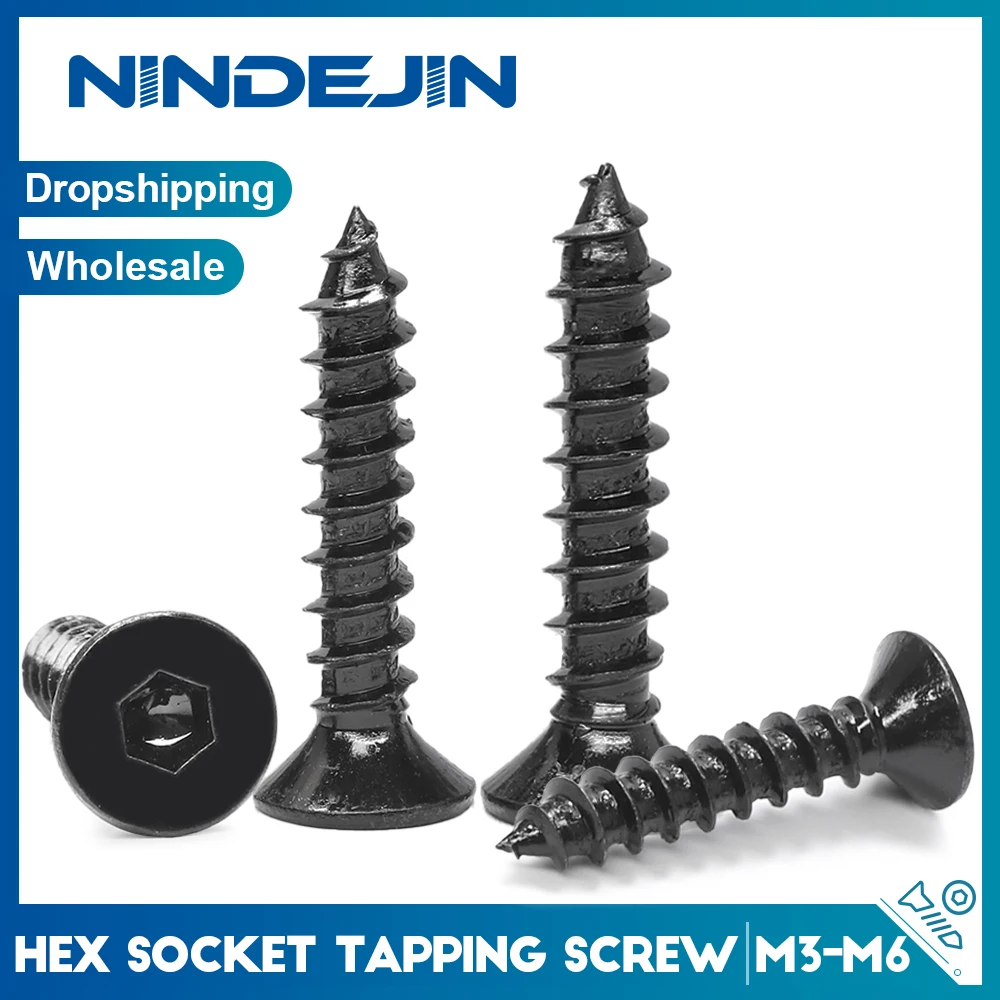 

NINDEJIN 10-50pcs Allen Hex Socket Flat Head Self Tapping Screw M3 M4 M5 M6 8.8 Grade Carbon Steel Countersunk Head Wood Screws