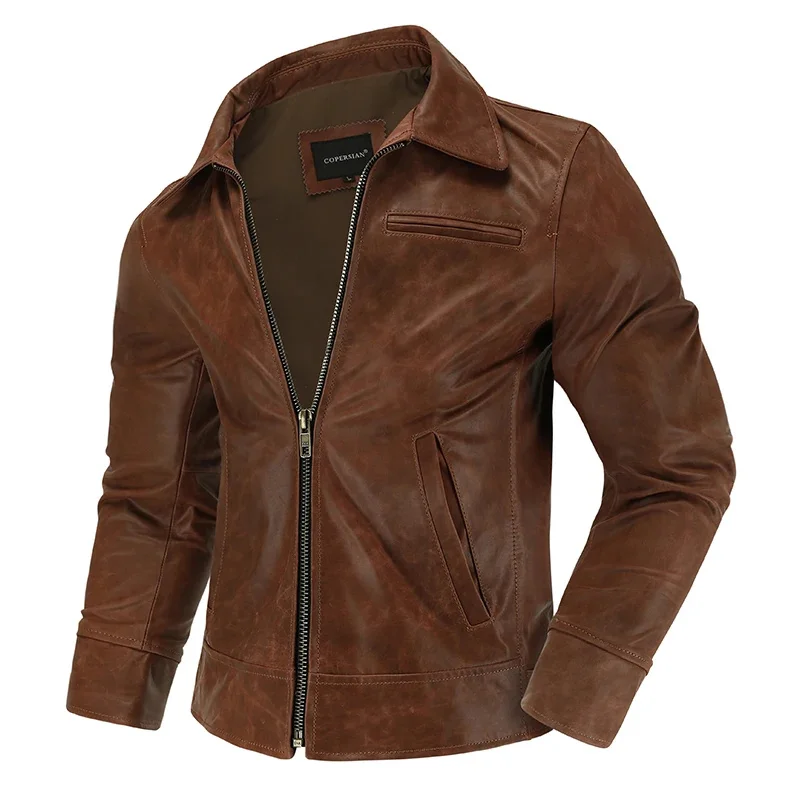 

Layer First Cowhide Waxed Leather Tuxedo Motorcycle Jacket Men's Biker Slim Lapel Short Coat