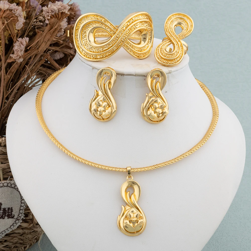 

Dubai Fashion Jewelry Set Wedding Bride 18K Gold Plated Number 8 Design Necklace Earrings Bracelet Ring Classic Lady Accessory