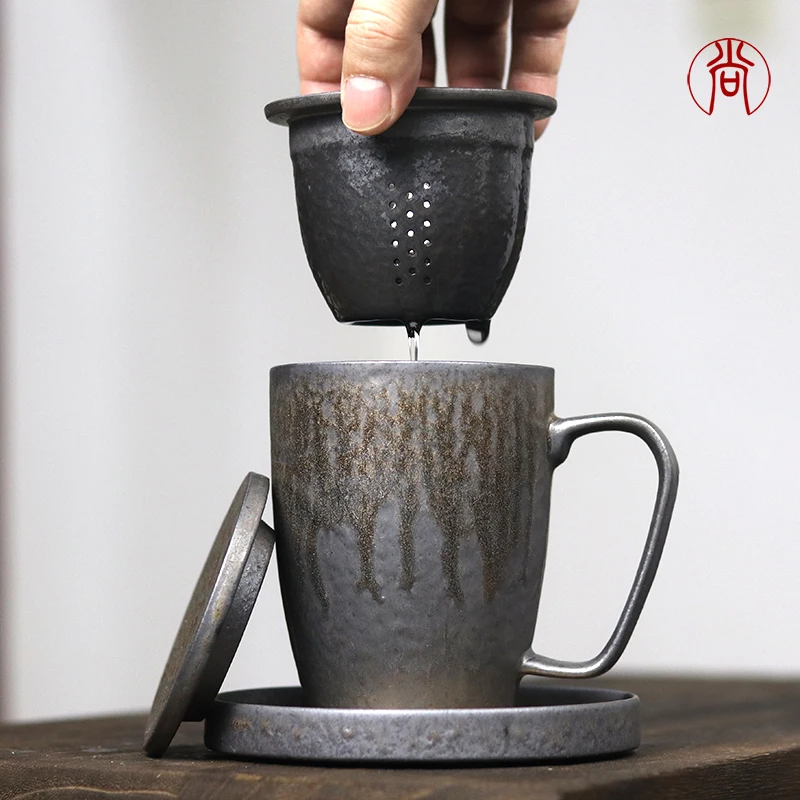 

Creative Handmade Kiln Ceramic Cup with Cover Filter, Tea Cup, Office Mug