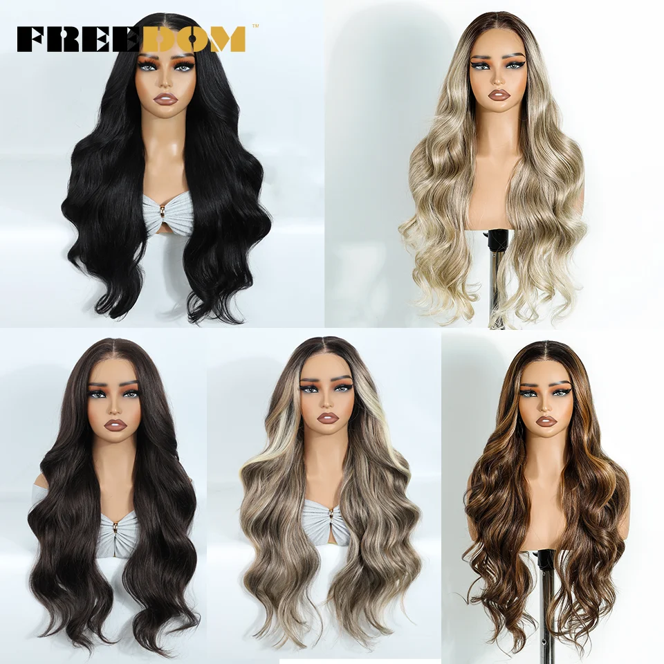 FREEDOM Synthetic Lace Front Wigs For Woman Long Body Wave 6x4 Lace Wig Ombre Brown Pre Plucked Pre Cut Wear and Go Glueless Wig 2