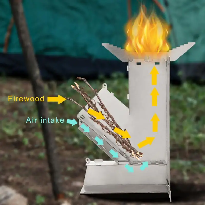 Outdoor Collapsible Wood Burning Stove Stainless Rocket Stove Backpacking Camping Tent Stove Picnic Camping Stove Supplies