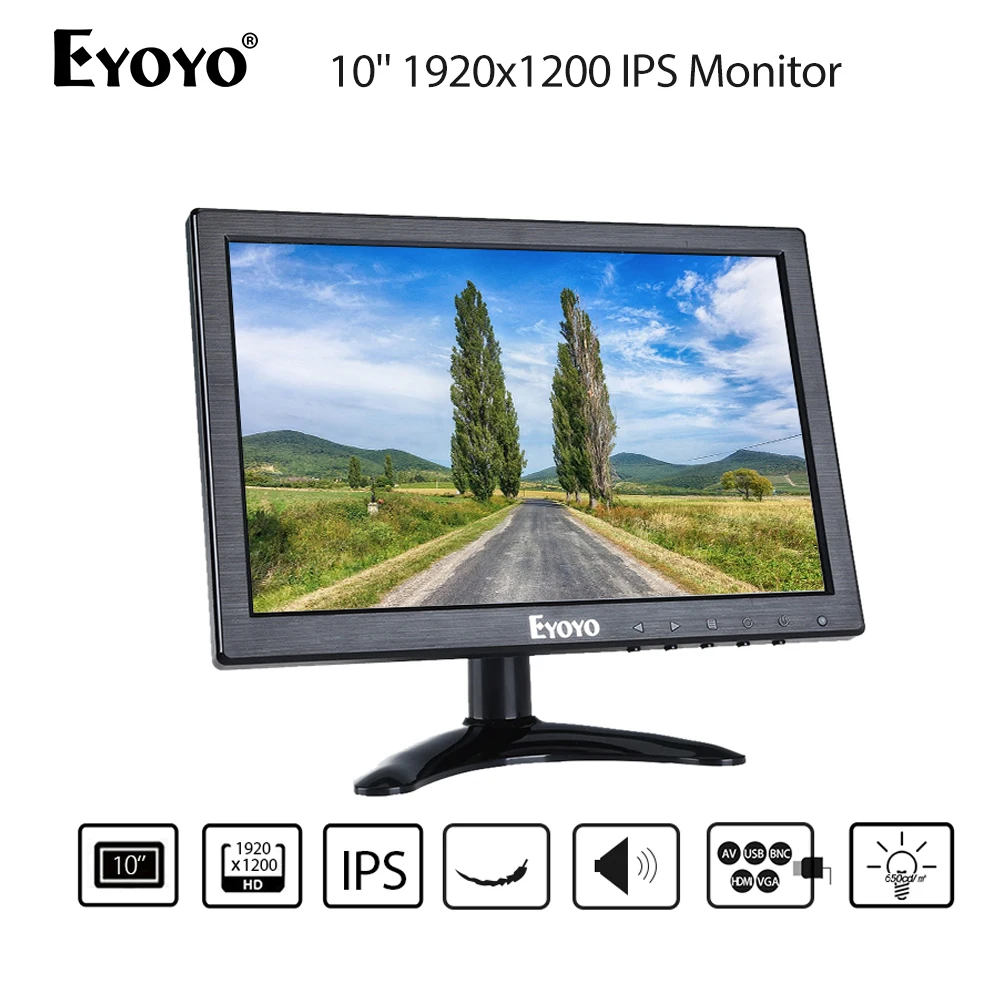 

Eyoyo 10inch HDM IPS Monitor 1920x1200 IPS-LCD Screen Display with BNC VGA AV Output Loudspeakers For CCTV DVD PC Laptop