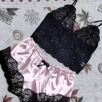 2 Pieces Pajamas Set for Women Sleepwear Sexy Lingerie Lace Silk Crop Tops and Shorts Sets Casual Nightwear Pijamas 4