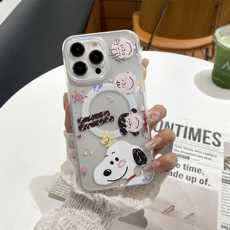 Bonita funda magnética con dibujos animados de Snoopy y Charlie Brown con carga inalámbrica Magsafe para iPhone 15, 14, 13, 12 Pro Max