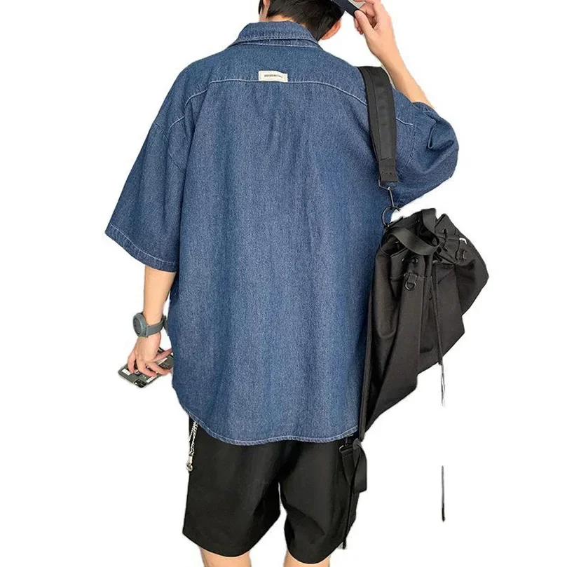 Summer Brand Denim Shirt Men Short Sleeve Cargo Shirt Coat Loose University Handsome Top Clothes Cowboy Oversize