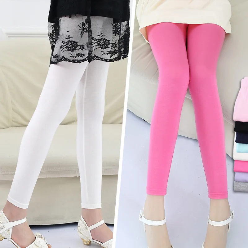 2-14 Years Girls Skinny Long Pants Shiny Black White Pink Children Bottoms  Leggings Kids Elastic