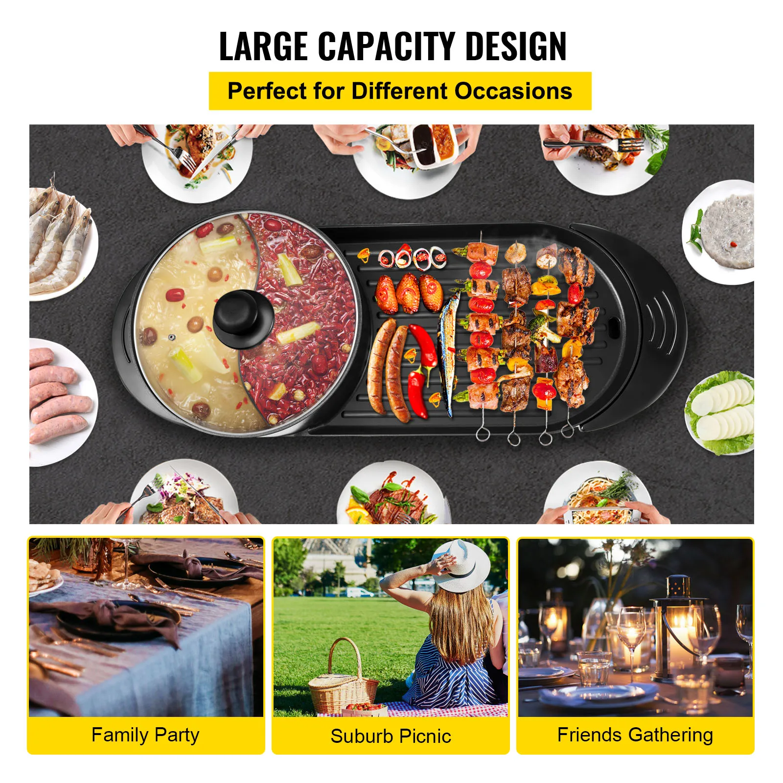 VEVOR 2 in 1 Electric BBQ Pan Grill Hot Pot Portable Smokeless Durable Material Fast Even Heated for Shellfish Vegetables Home 6