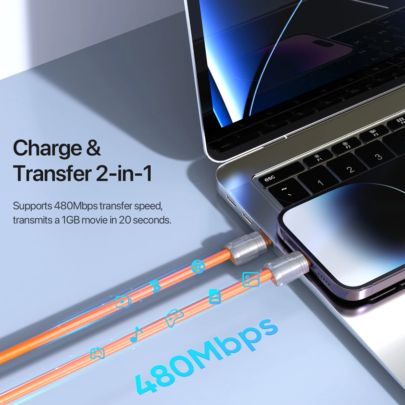 PD 27W USB-C-라이트닝 고속 충전 데이터 케이블, 아연 합금 실리콘 끈 디자인, iPhone 14/13/12 시리즈와 호환 가능