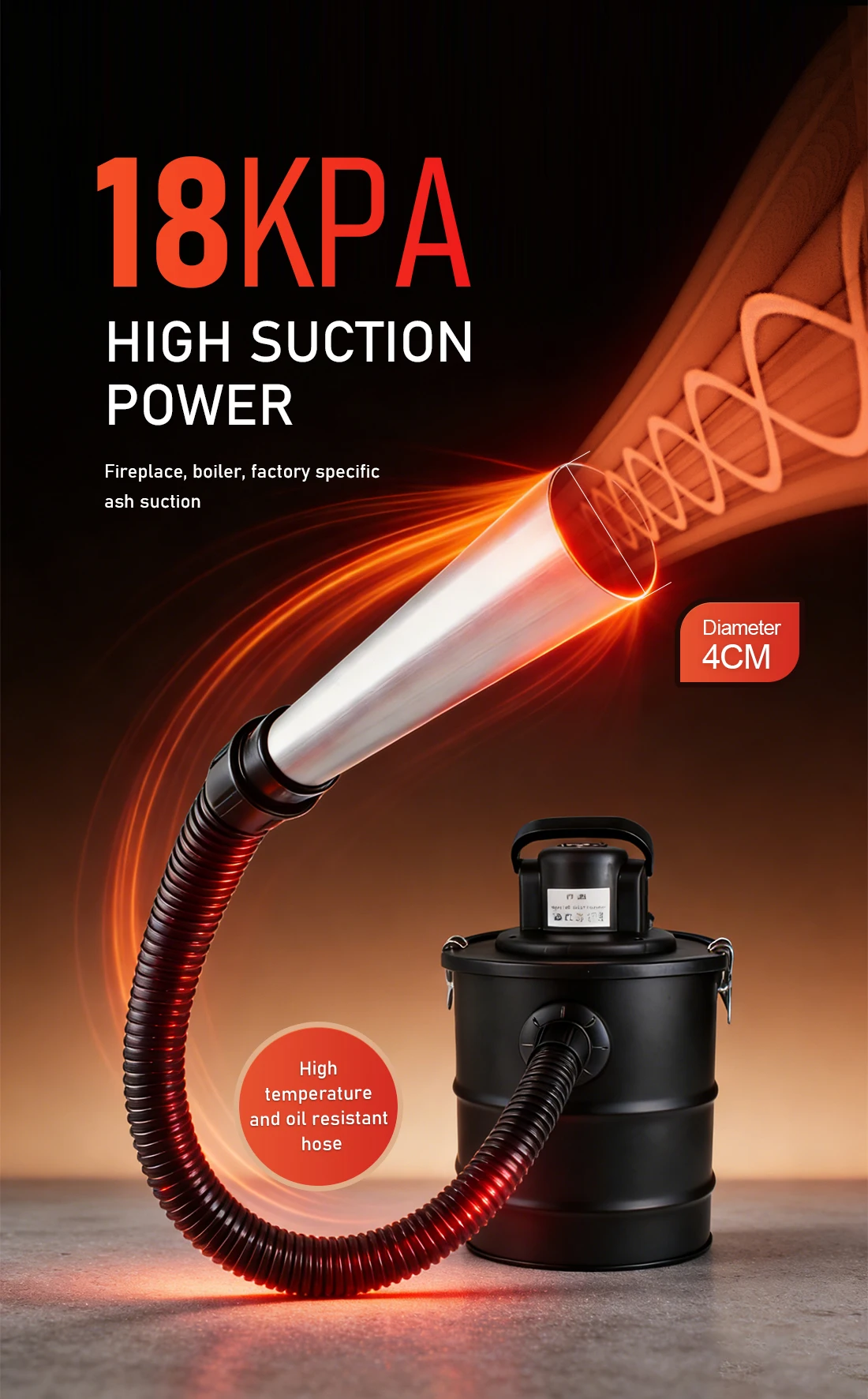 20L Ash Vacuum Cleaner High Temp Resistant Ash Bucket for Fireplace, Stove & Pel