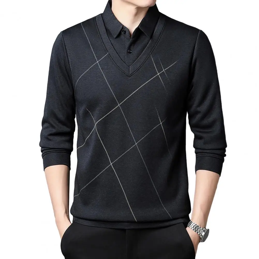 Men Thick Shirt Men Long-sleeved Shirt Business Style Men's Pullover with Fake Two-piece Design Turn-down Collar for Winter