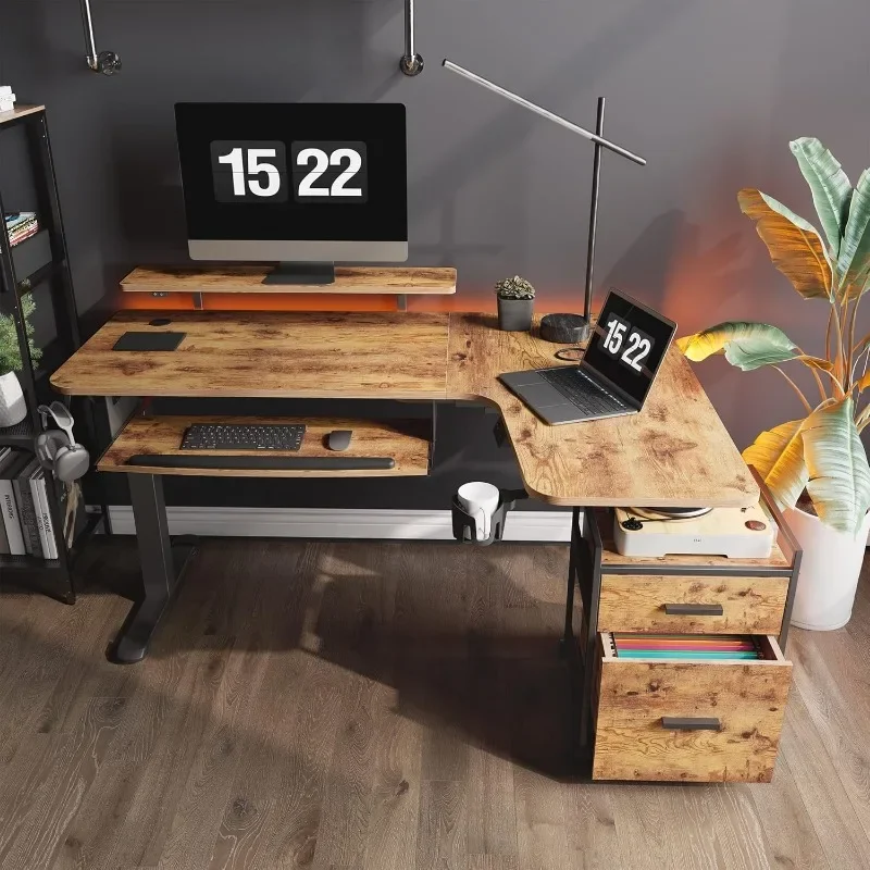With Keyboard Tray, 61 "L-shaped Electric Adjustable Height Desk, Standing LED with Display, Dual Motor 4