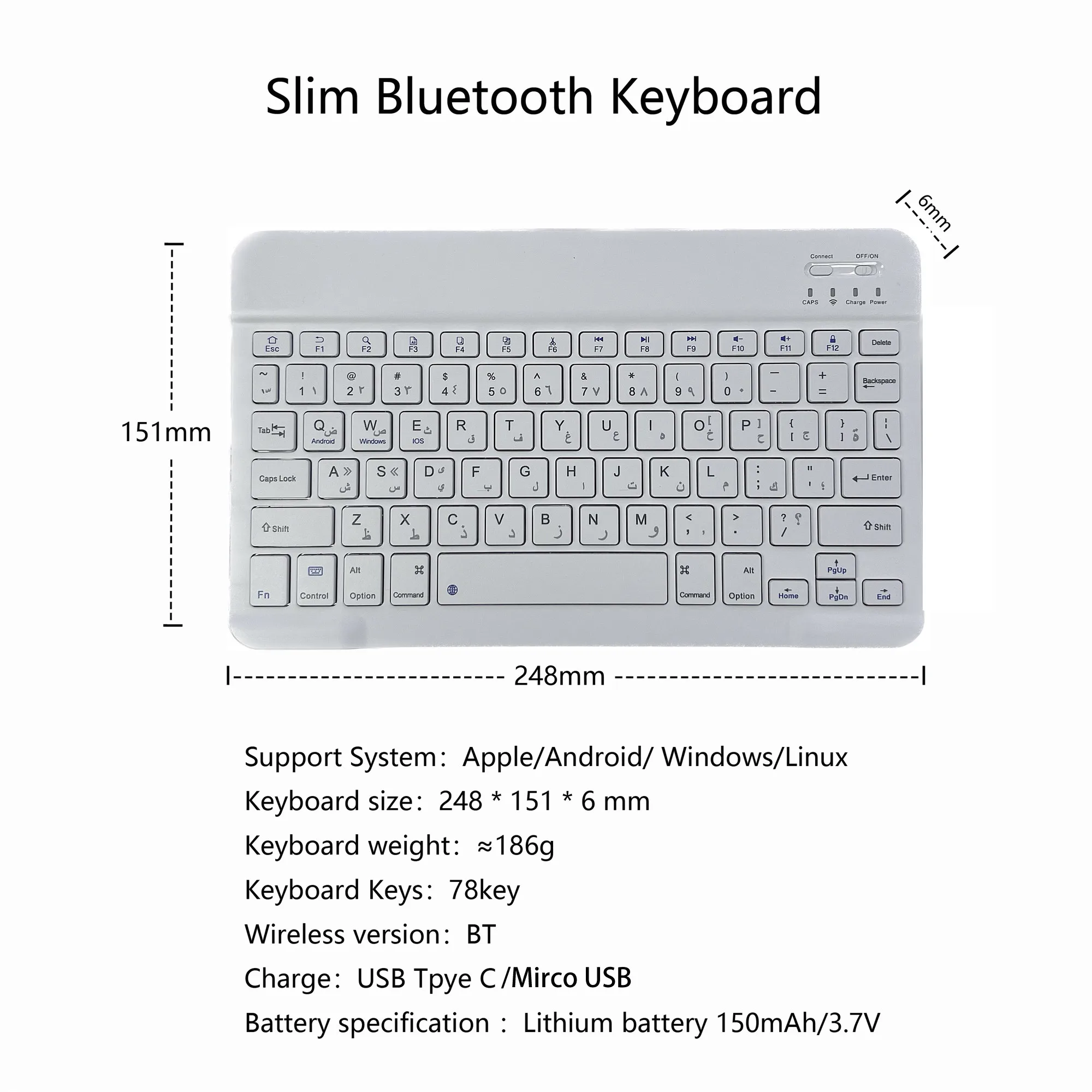 Arabic language Bluetooth-Compatible Wireless Portable Mini Rechargeable Keyboard 78-Key for Apple iPad iPhone MacBook iOS