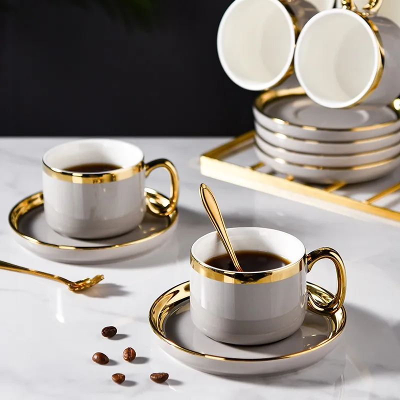 European Small Luxury Coffee Cup Set with Tray Office Coffee Cup Saucer  Gold Rim Afternoon Tea Cup Saucer Spoon Home Tableware - AliExpress