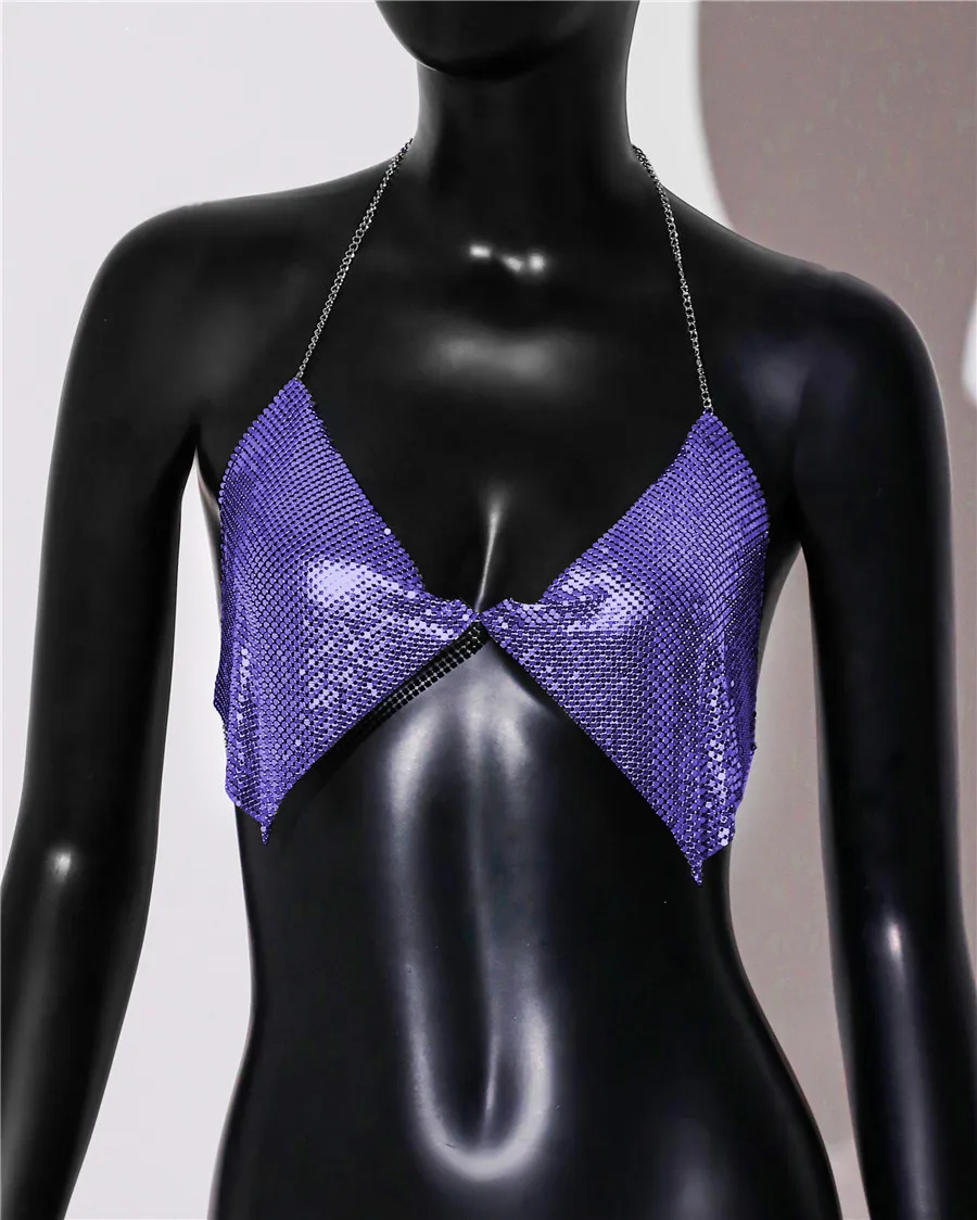 Akyzo Mode Metall Pailletten Leibchen Sommer Frauen rücken frei Neck holder Hals von der Schulter Crop Top Rave Vocal Konzert Tank Top – Detail 23