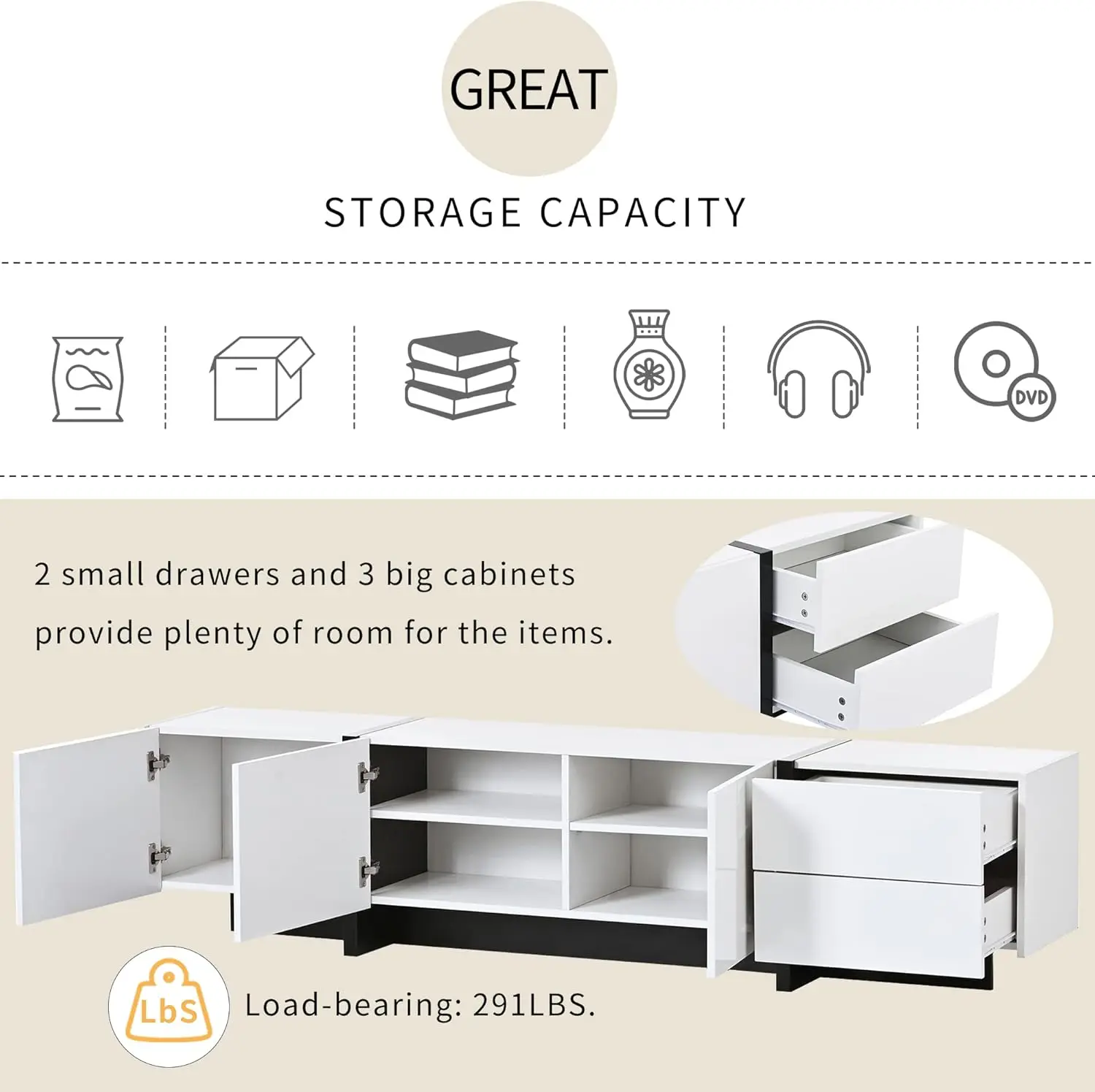 Contemporary Rectangle Design TV Stand for Television Up to 80", Unique Style Console Table, Modern Storage Cabinet