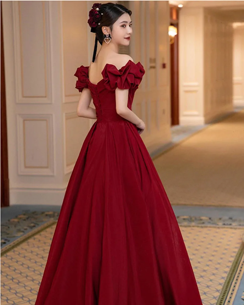 open lace back dress Burgundy Long Prom Dresses, A Line Burgundy Formal Wedding Party Dress –  toptby main image 1