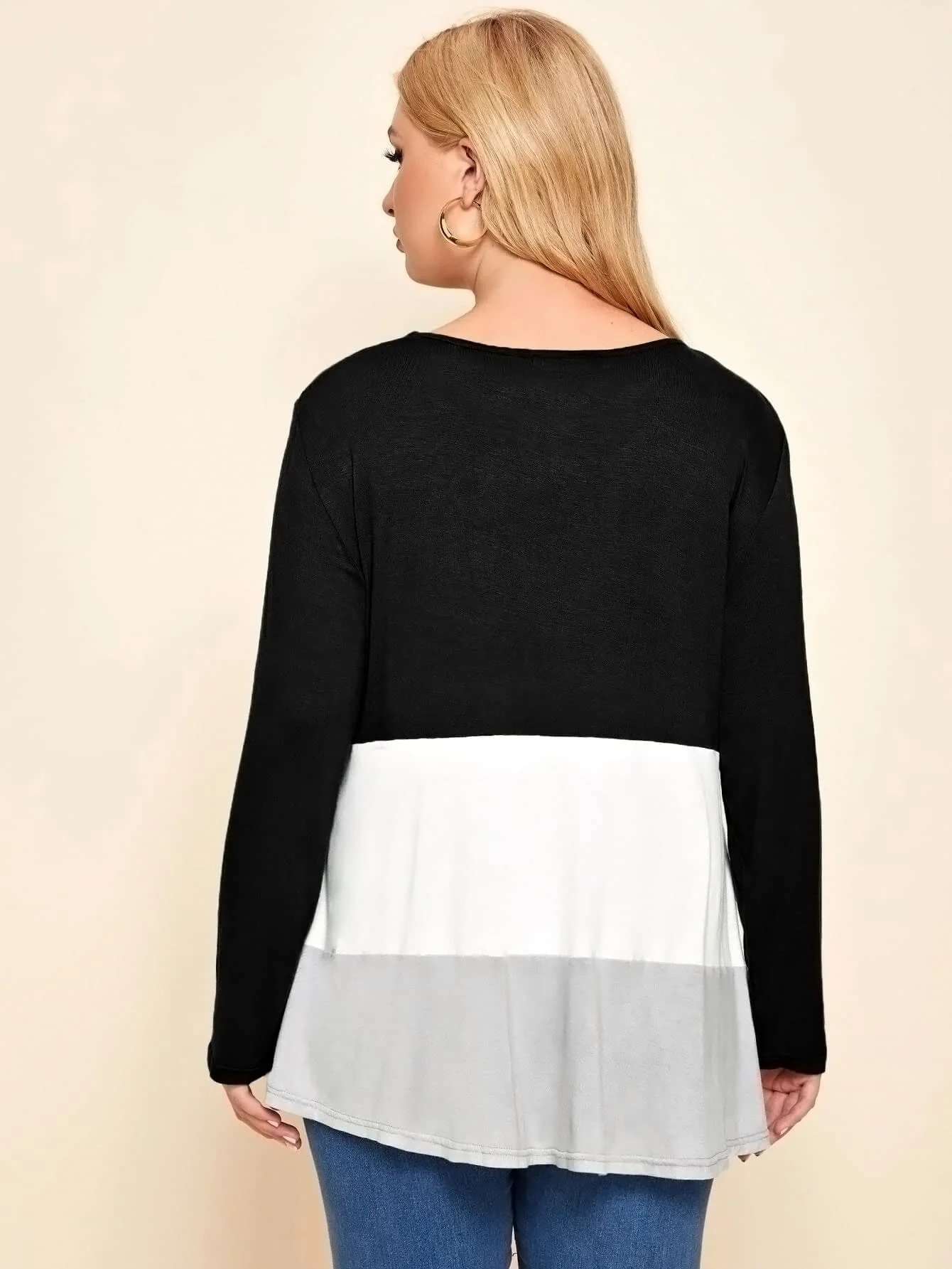Finjani Colorblock Tee Women's Plus Size Long Sleeve Crew-Neck Loose Spliced Tops