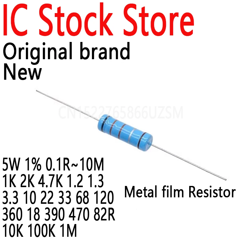 10 Pz Resistenza A Film Metallico Resistenza 5W 1% 0.1R ~ 10M 1K 2K 4.7K 1.2 1.3 3.3 10 22 33 68 120 360 18 390 470 82R K Ohm 10K 100K 1M