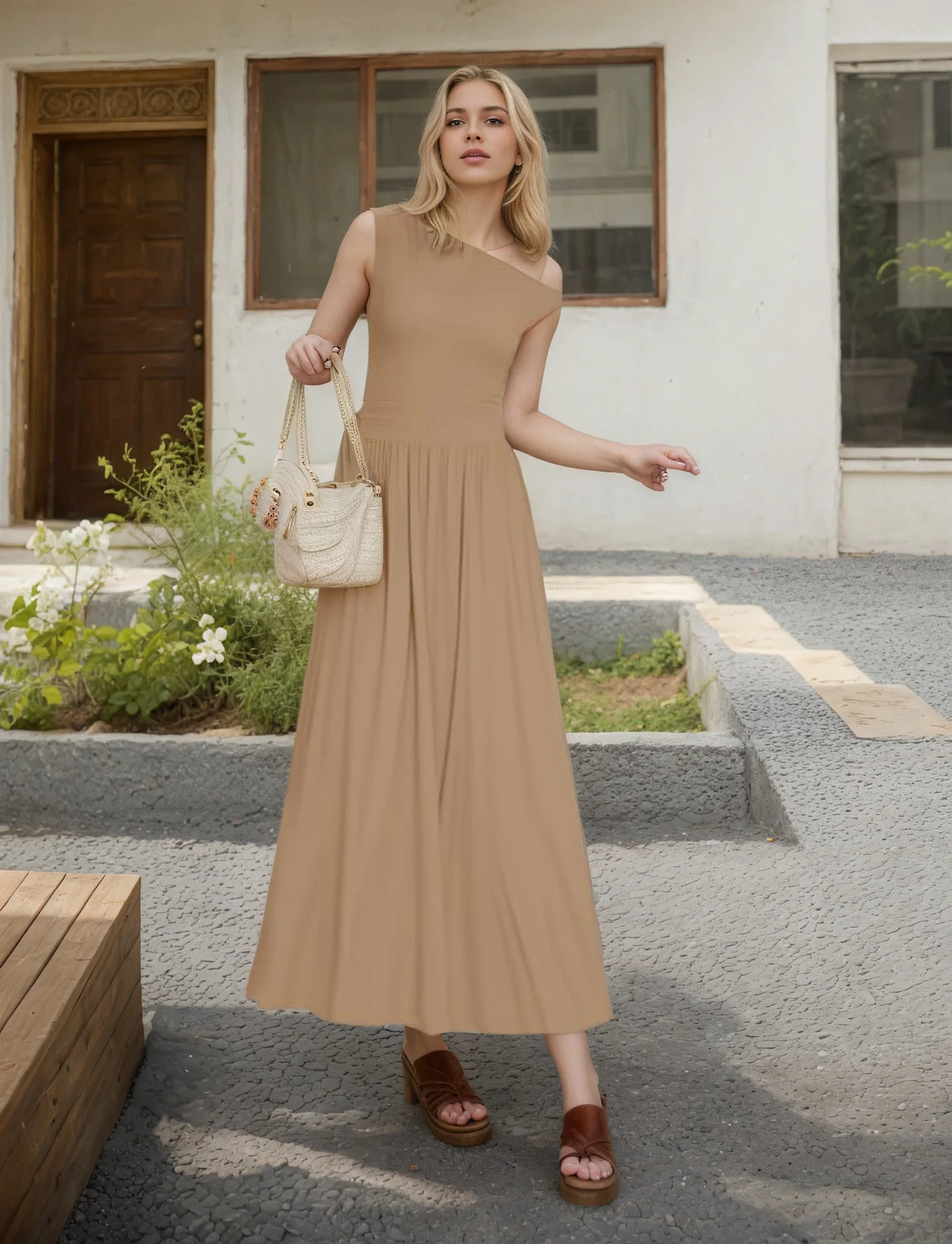 Ladies' Sloping Shoulder Pocket Dress 2025 Summer New Style Temperament Slim Fit Sleeveless Solid Color Long Skirt A-line Skirt