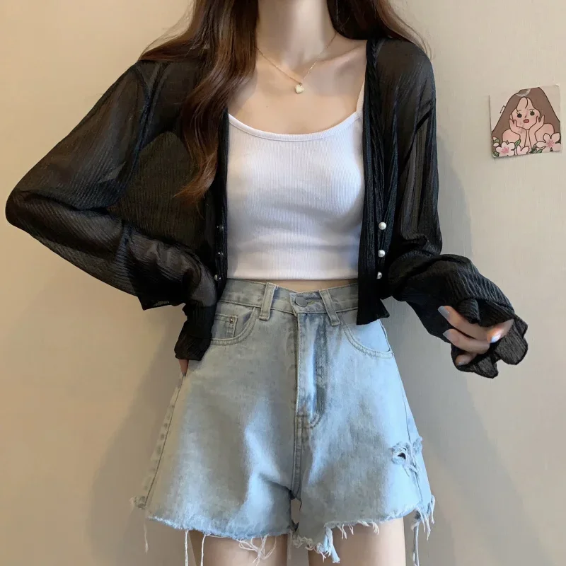 여성용 페어리 스타일 단색 가디건, 긴 소매 자외선 차단, 달콤한 비딩, 브이넥 기본 루즈 쉬폰 가디건, 여름 신상