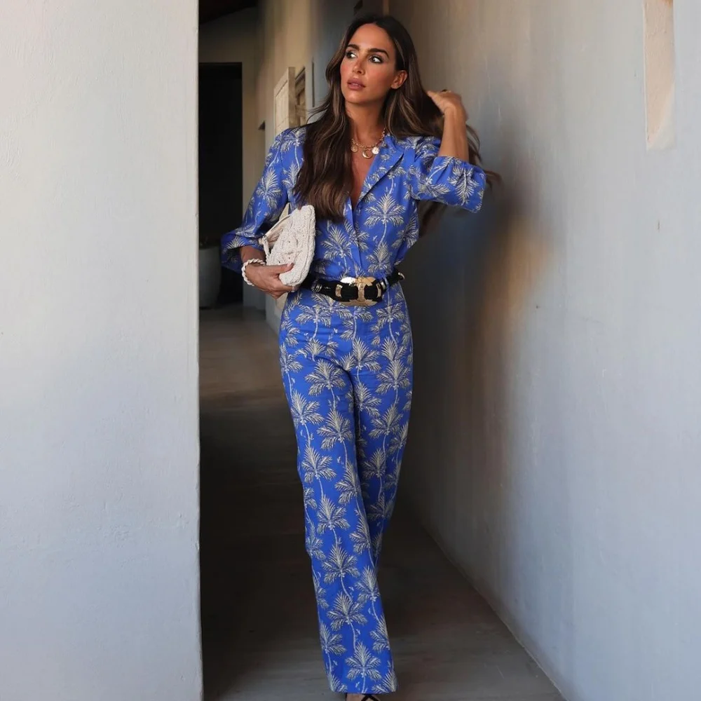 PB&ZA 2024 Spring New Women's Fashion Style Casual Versatile Round Neck Printed Shirt Top Wide Leg Pants Set