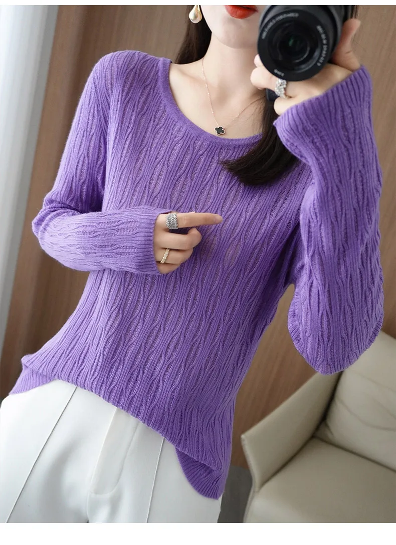 Autumn New Ladies Soft Breathable Sweater Wool Blend O-Neck Pullover Curved Hollow Out Knitted Sweater Slim-Fit Commuter Tops