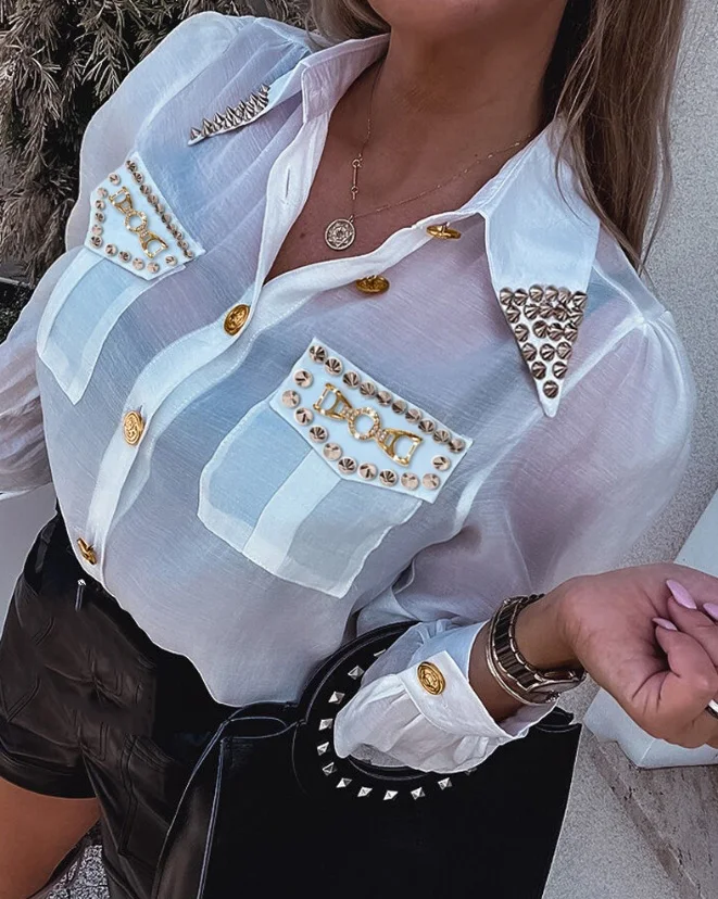 Fashion Womens Shirt Spring Studded Pocket Design Buttoned Shirt Turn-Down Collar Long Sleeve Slightly Transparent Shirt