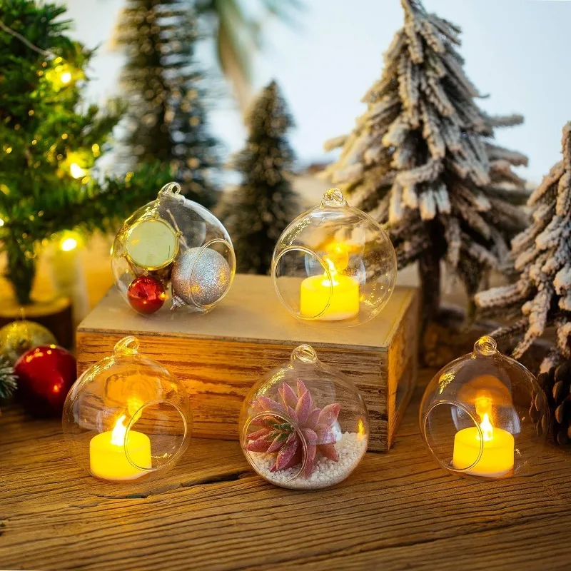 6/12 Pcs Mini Hanging Glass Tealight Globe Candle Holder with LED Candles for Wedding Party Tree Decoration
