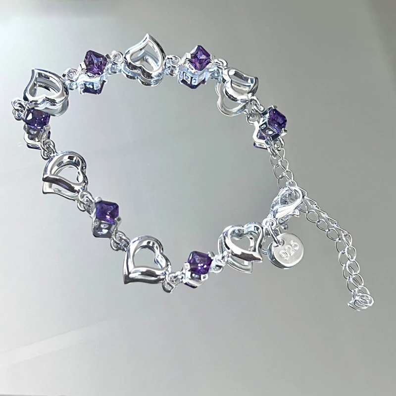 

925 Sterling Silver Bracelet For Women Fashion Heart Purple Crystal Zircon Bracelet Jewelry Gift Feminina