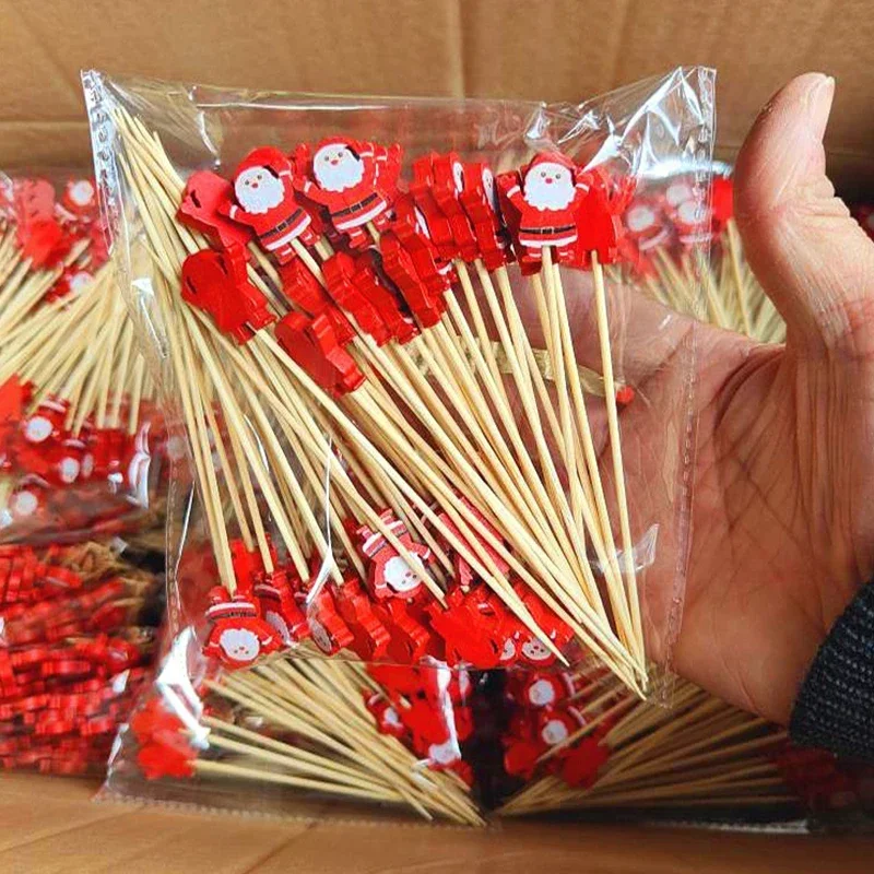 thumbnail image 1 of 50/100 piezas de brochetas de bambú navideñas, palillos para cócteles, adornos para cupcakes, palillos desechables para postres, palitos de fruta, suministros para fiestas, 1 of 5
