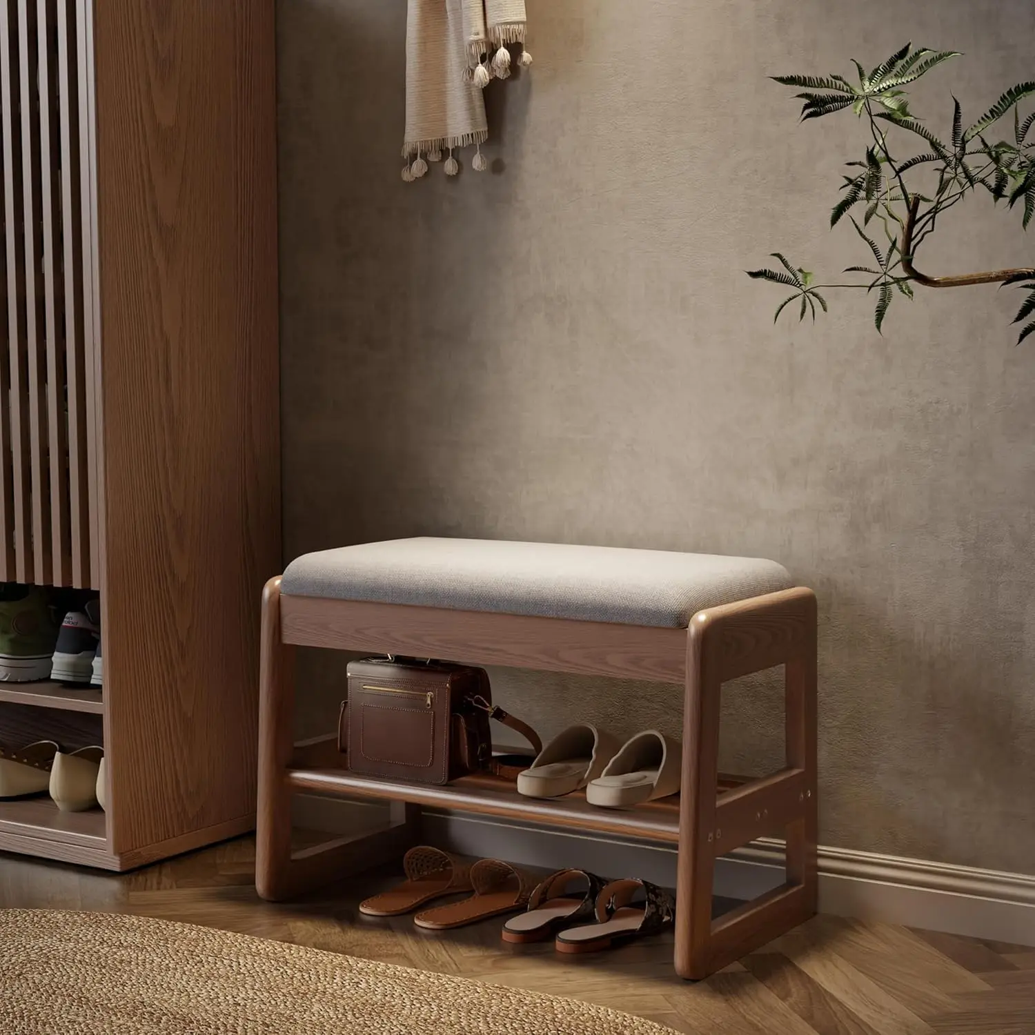 Small Shoe Bench with Cushion,2 Tiers Shoe Rack Bench with Flip-Top Storage,Wood Rack for Entryway（Walnut,23.62"）