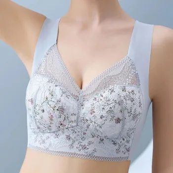 Sexy Floral Thin Lace Back Lingerie Push Up Bra Fixed Cup Large Chest Showing Small Size Seamless Vest Breathable Underwear 1