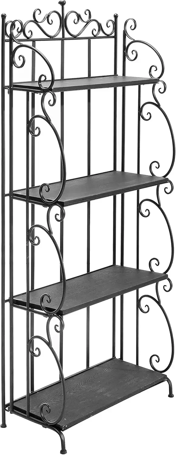 Black metal freestanding baker's rack bookshelf with scrollwork front view