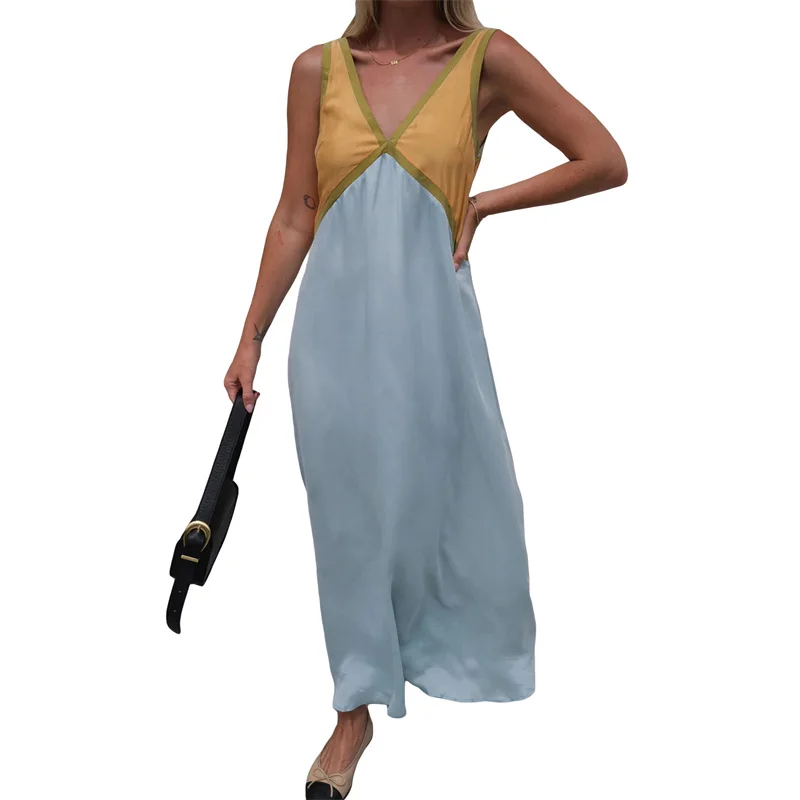 Vestido elegante de verano para mujer, con cuello en V, sin mangas, con patchwork de colores contrastantes, largo y sexy para fiesta de noche.