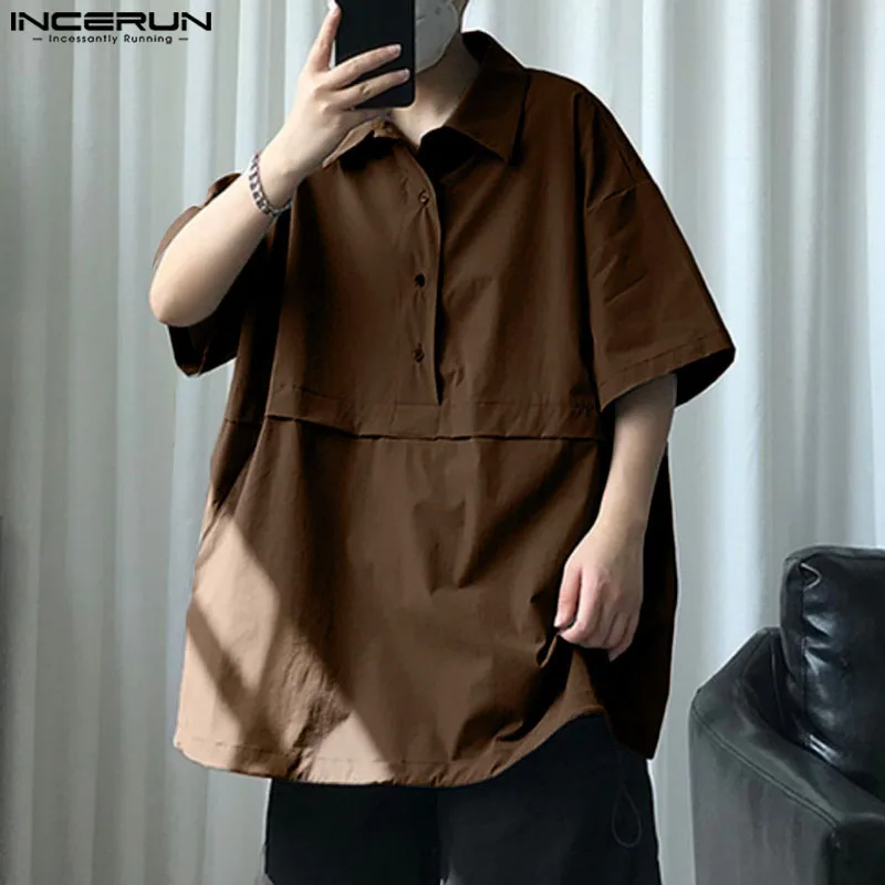 

Рубашка INCERUN мужская с отложным воротником, однотонная уличная одежда с короткими рукавами, Повседневная Свободная в Корейском стиле, лето 2024
