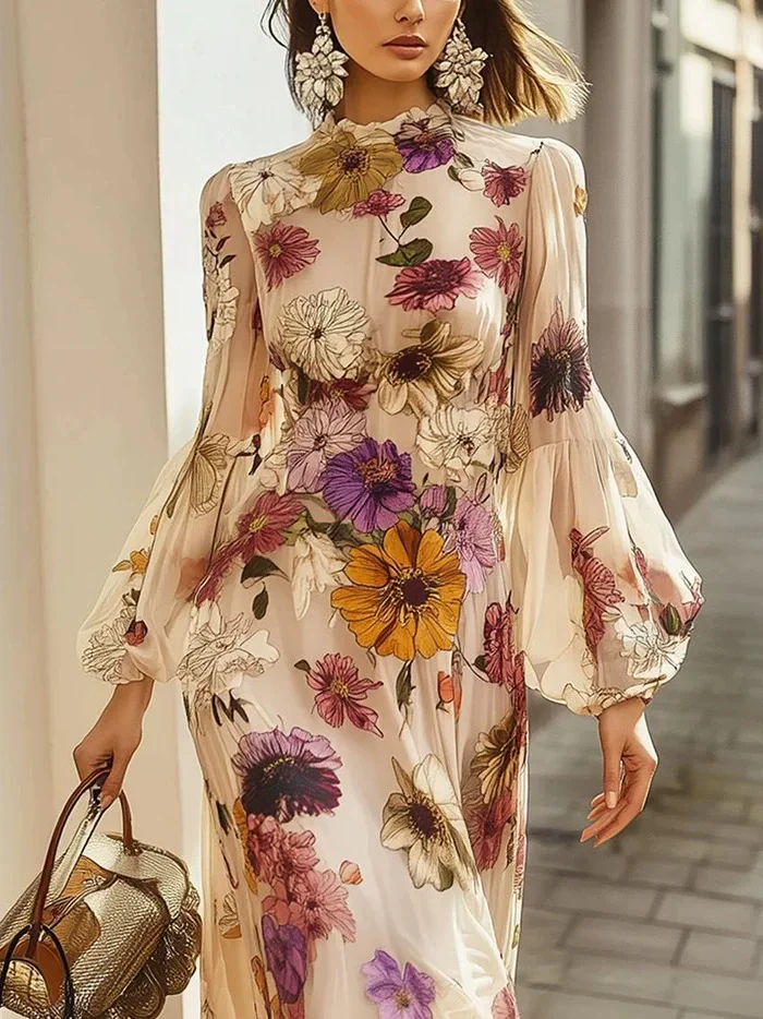 Abito elegante da donna in chiffon a maniche lunghe Moda Primavera Autunno Manica a lanterna Vita con volant Stampa floreale Abiti da festa da donna - immagine 6