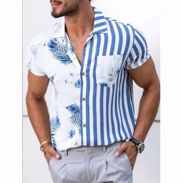 Men's Shirts Summer Fashion Trend Striped Floral Contrast Splicing Printed Hawaiian Beach Holiday Casual Short Sleeve Shirts Photo Color