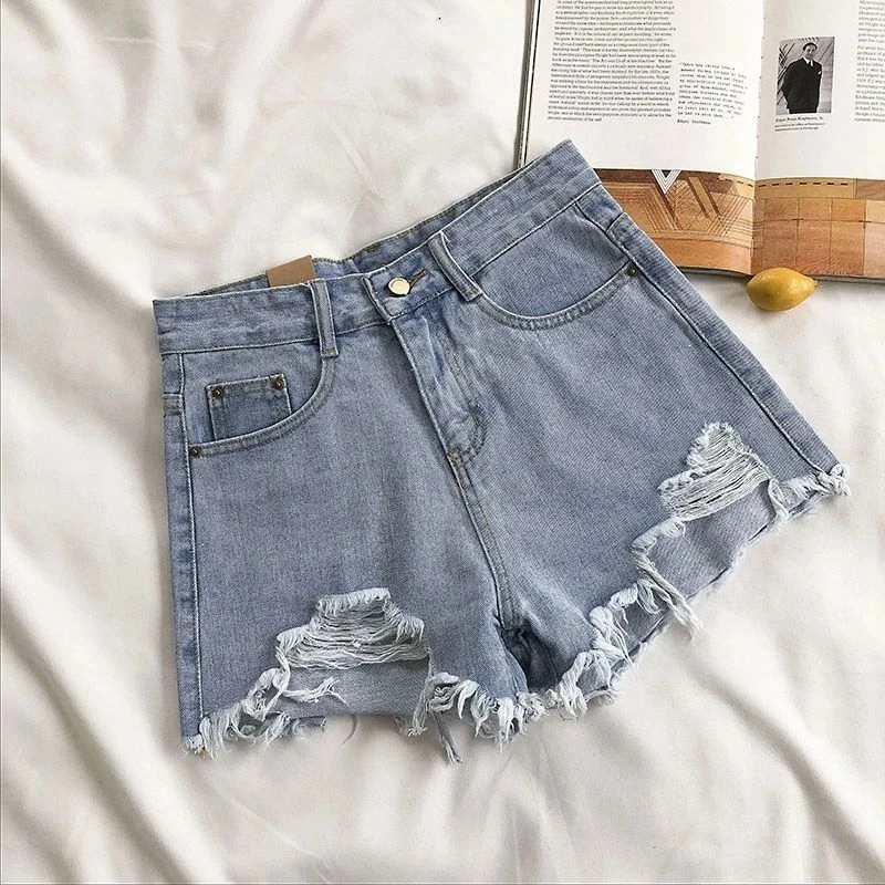 Cowboy Shorts Women's Summer High Waist Casual Denim Shorts Pocket Tassel Perforated Fashion Shorts Female