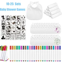 10-60 Sets Baby Shower Game Decorating Gift Baby Bibs Feeding Drooling White Bib Infant Saliva Towel Fabric Marker Stencils 1