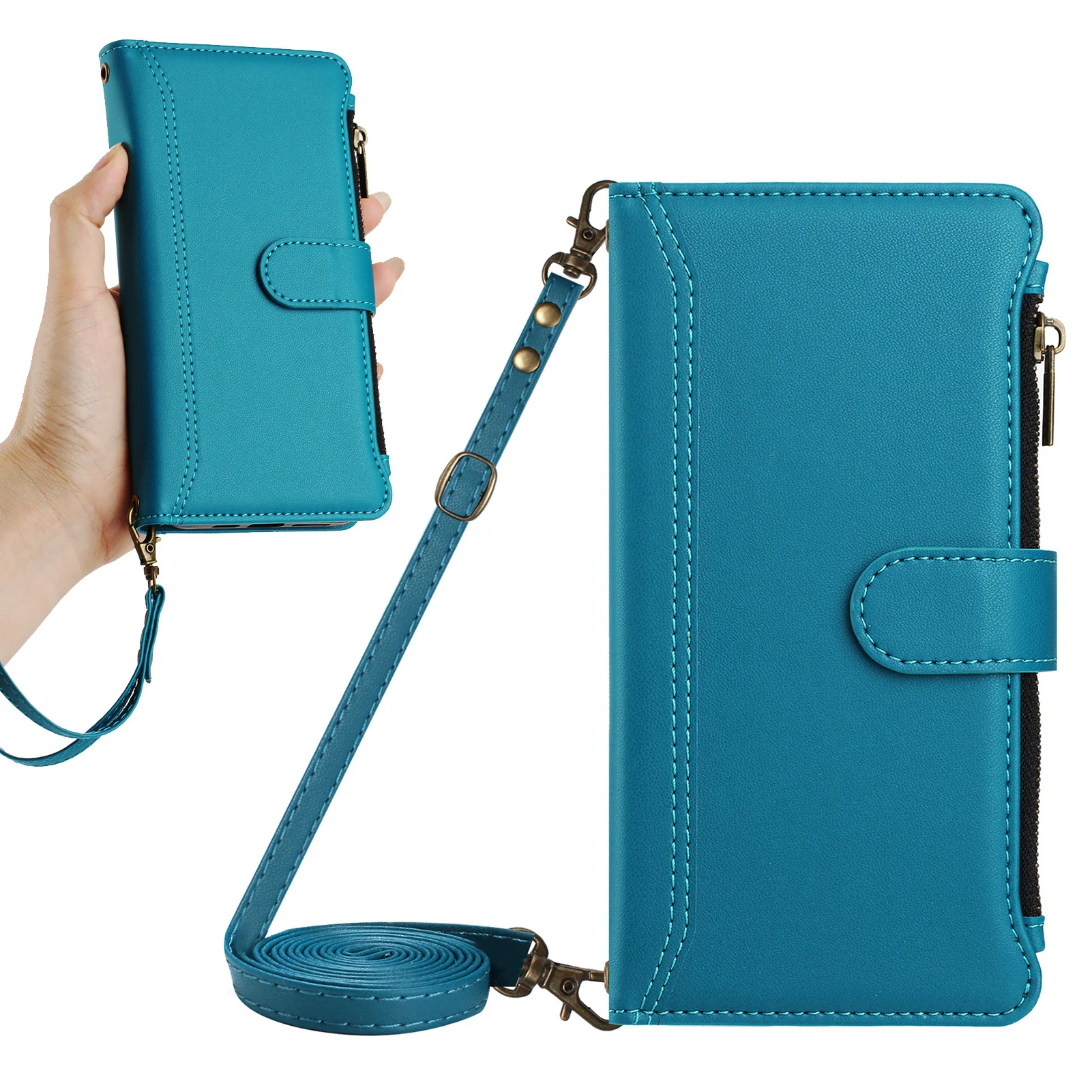 Multi-Card Leather Shoulder Wallet Case with Wireless Charging and Lanyard Flip Cover