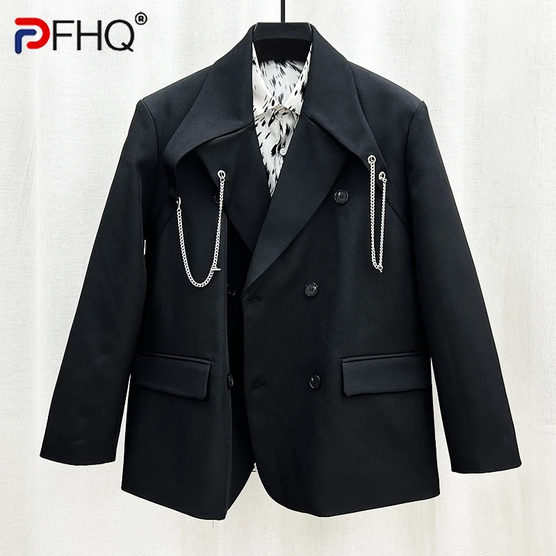 

PFHQ Men's Metal Chain Blazers Niche Design Double Breasted Fashion Solid Color Advanced Delicacy Autumn Suit Jackets 21Z4111