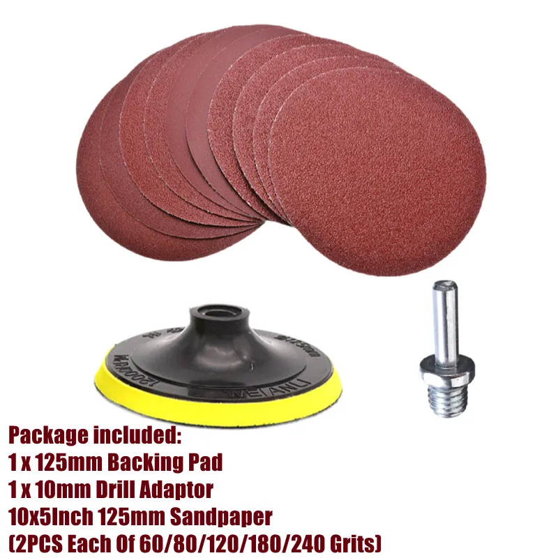 5 인치 샌딩 디스크 세트, 125mm 후크 및 루프 사포, 60-240 그릿 백킹 패드, M10 드릴 어댑터, 연마 청소 도구