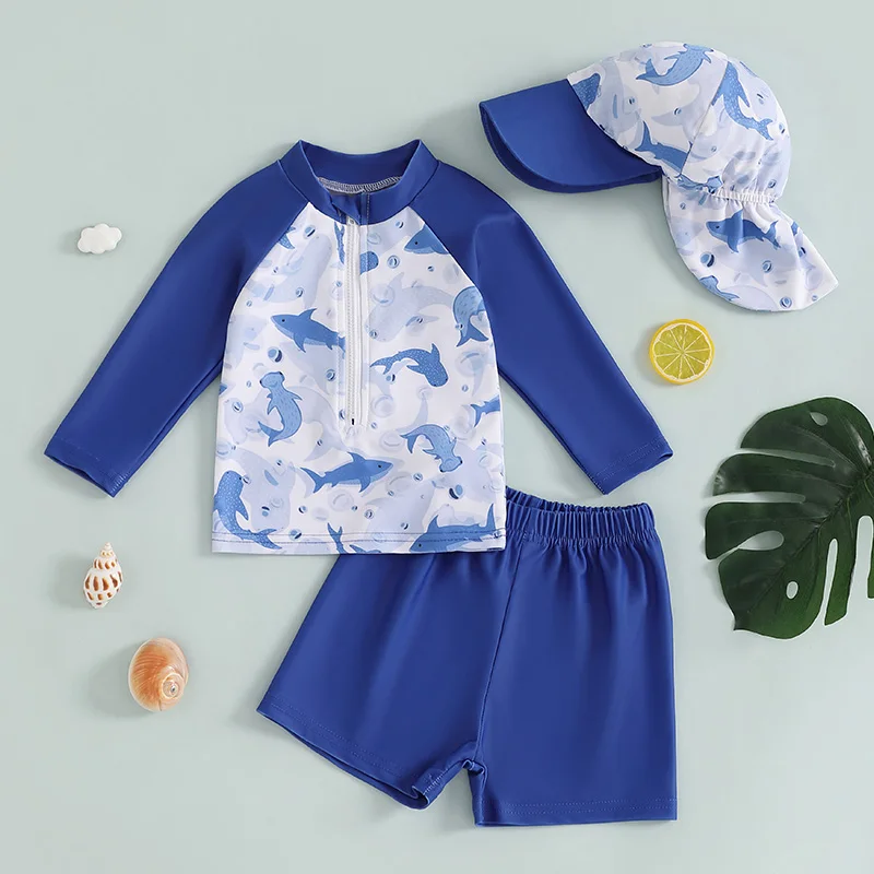 Baby Boys Two-Piece Swimwear Set with UV Protection Rash Guard Top Swim Shorts and Sun Hat in Cute Animal Print 2