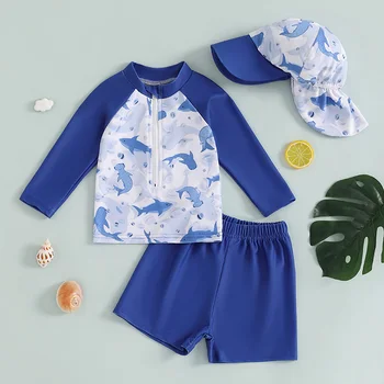 Baby Boys Two-Piece Swimwear Set with UV Protection Rash Guard Top Swim Shorts and Sun Hat in Cute Animal Print 2