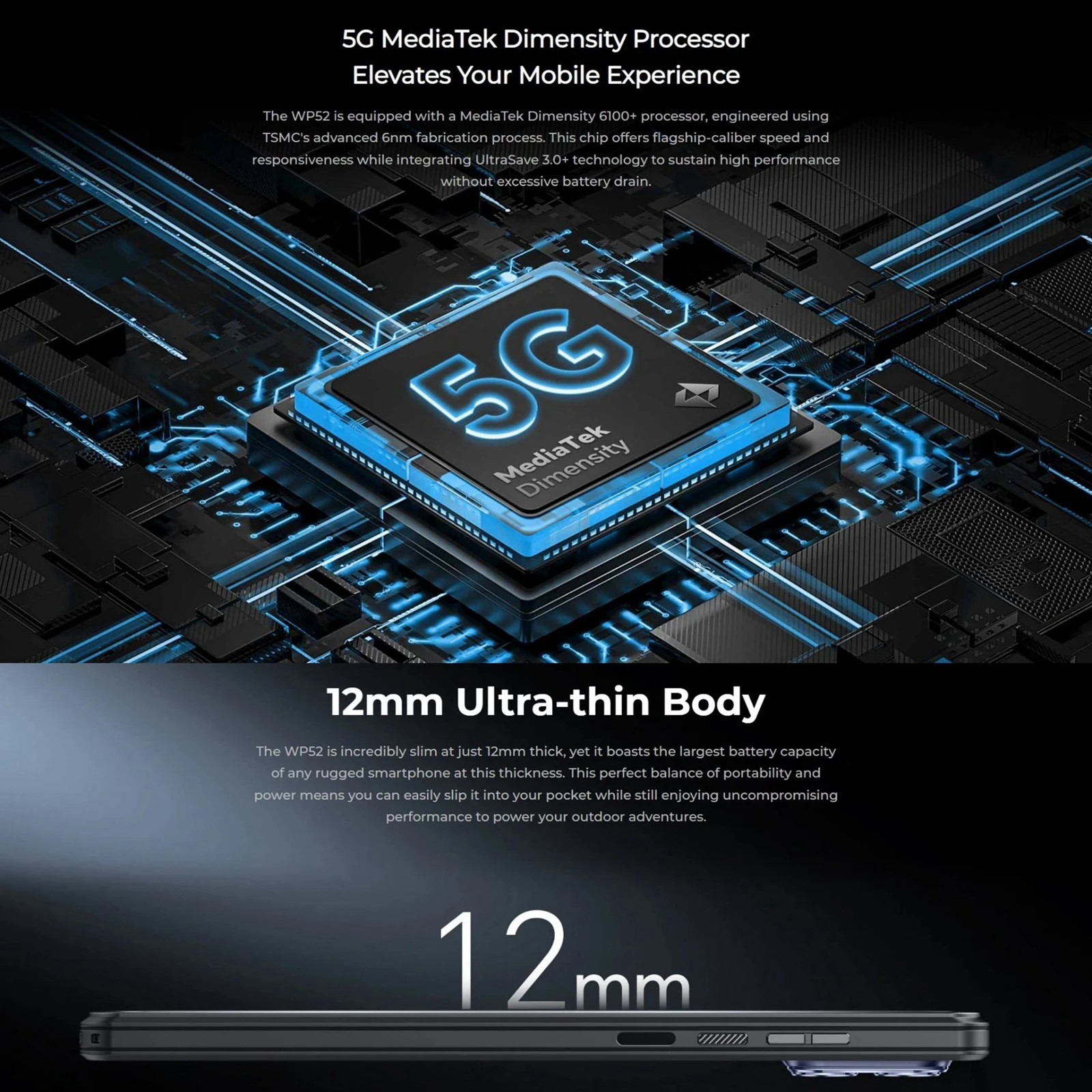 Oukitel WP52 Rugged Phone 6.6 inch HD+ 16GB+256GB 6000mAh 48MP MediaTek Dimensity 6100+ NFC 5G Android 14 Cell Phone