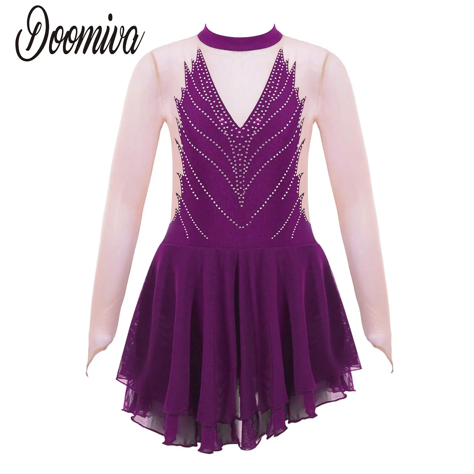 Kids Girls Mesh Long Sleeve Gymnastic Figure Skating Dress Children