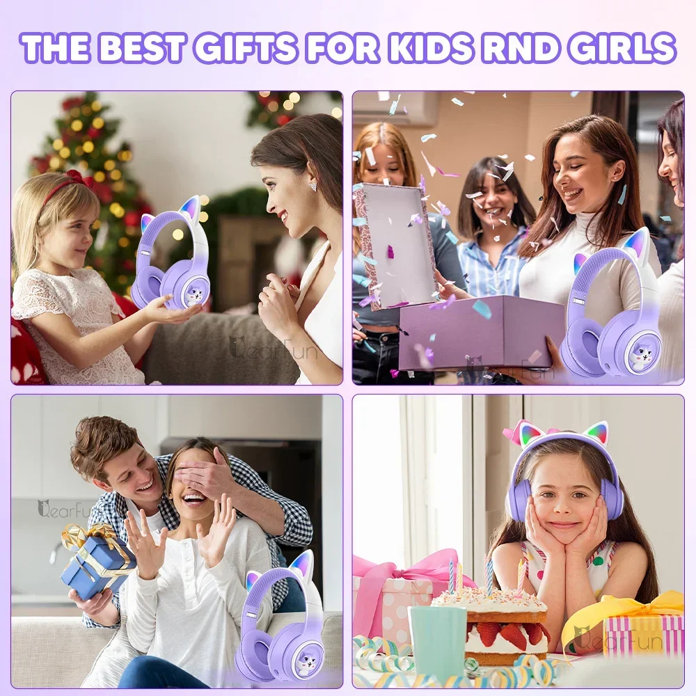 Gradient Cat Ear Headphones RGB Wireless Headphones Girls Kids Headset with Microphone Stereo Music Bluetooth Headsets Gifts