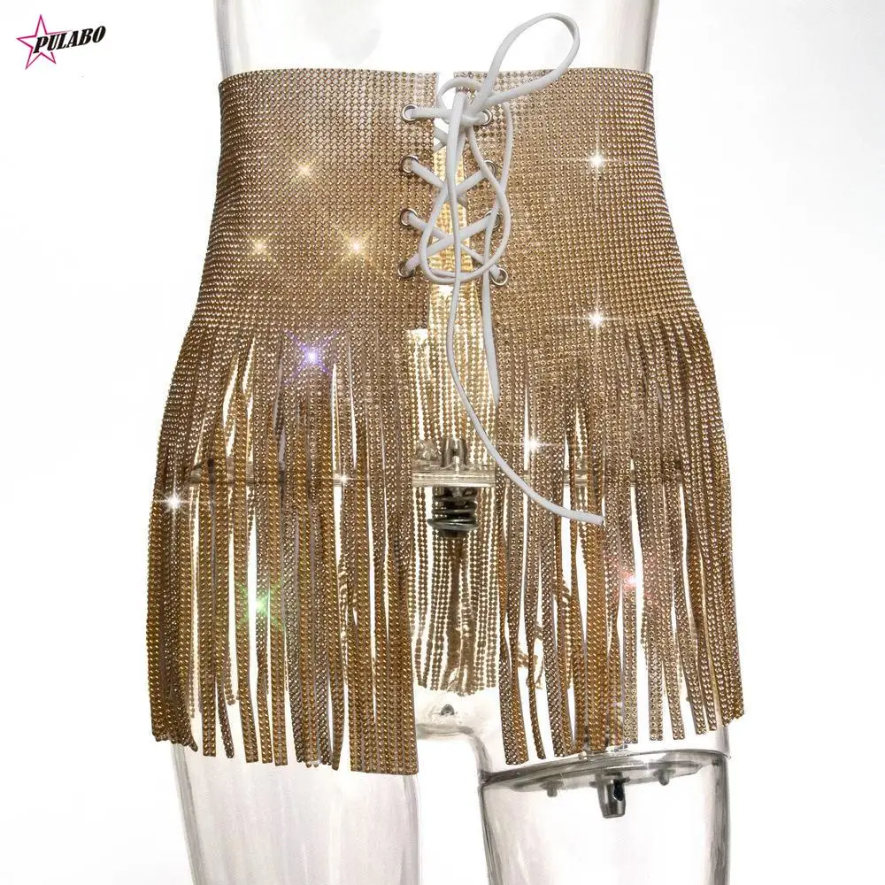 

PULABO Sexy Women High Waist Cross Bandage Club Mini Skirt Fringed Tassel Sequins Rhinestone Party Beach Belly Dance Short Wrap